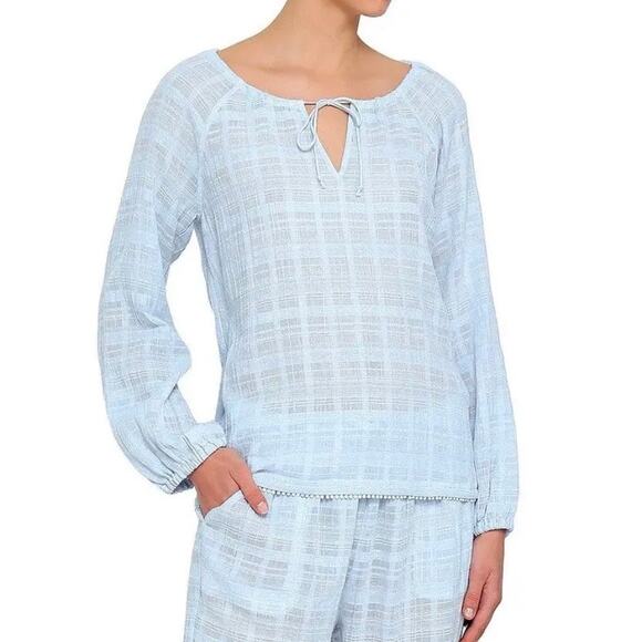 SKIN WORLDWIDE Textured Cotton Gauze Pajama Top Womens 2 Medium Light Blue NEW - Picture 1 of 16